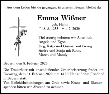 Traueranzeige von Emma Wißner von Giessener Allgemeine, Alsfelder Allgemeine
