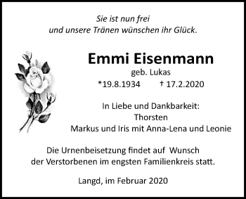 Traueranzeige von Emmi Eisenmann von Licher Wochenblatt