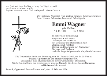 Traueranzeige von Emmi Wagner von Giessener Allgemeine, Alsfelder Allgemeine