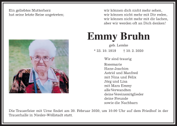 Traueranzeige von Emmy Bruhn von Wetterauer Zeitung