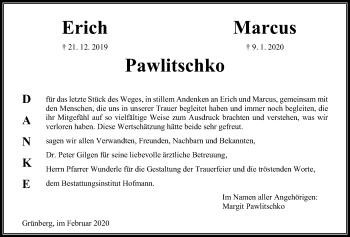 Traueranzeige von Erich Pawlitschko von Giessener Allgemeine, Alsfelder Allgemeine