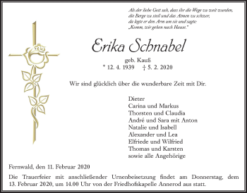 Traueranzeige von Erika Schnabel von Giessener Allgemeine, Alsfelder Allgemeine