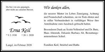 Traueranzeige von Erna Keil von Licher Wochenblatt