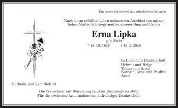Traueranzeige von Erna Lipka von Wetterauer Zeitung