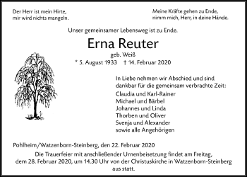 Traueranzeige von Erna Reuter von Giessener Allgemeine, Alsfelder Allgemeine