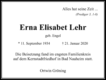 Traueranzeige von Erna Elisabet Lehr von Wetterauer Zeitung