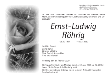 Traueranzeige von Ernst-Ludwig Röhrig von Alsfelder Allgemeine
