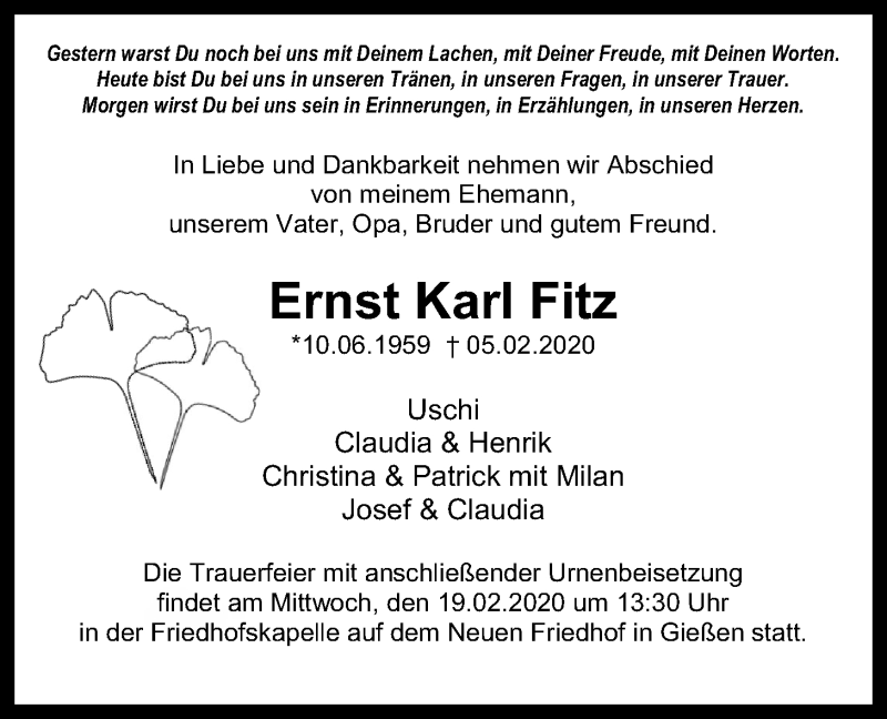  Traueranzeige für Ernst Karl Fitz vom 15.02.2020 aus Giessener Allgemeine, Alsfelder Allgemeine