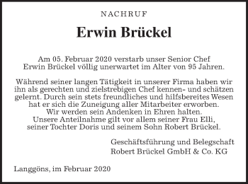 Traueranzeige von Erwin Brückel von Wetterauer Zeitung, Giessener Allgemeine, Alsfelder Allgemeine