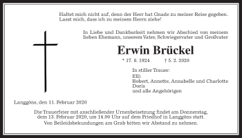 Traueranzeige von Erwin Brückel von Giessener Allgemeine, Alsfelder Allgemeine