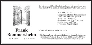 Traueranzeige von Frank Bommersheim von Wetterauer Zeitung