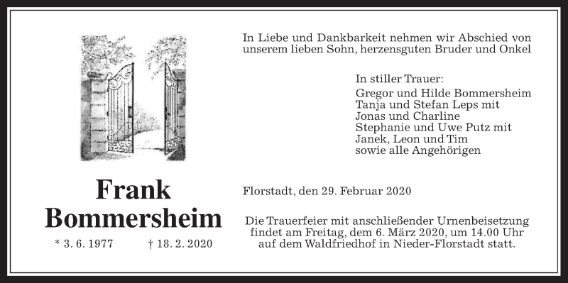  Traueranzeige für Frank Bommersheim vom 29.02.2020 aus Wetterauer Zeitung