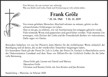 Traueranzeige von Frank Grölz von Giessener Allgemeine, Alsfelder Allgemeine