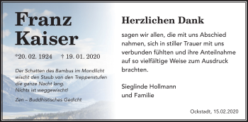 Traueranzeige von Franz Kaiser von Wetterauer Zeitung