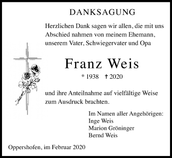 Traueranzeige von Franz Weis von Wetterauer Zeitung