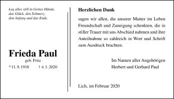 Traueranzeige von Frieda Paul von Licher Wochenblatt