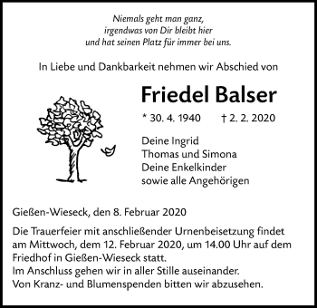 Traueranzeige von Friedel Balser von Giessener Allgemeine, Alsfelder Allgemeine