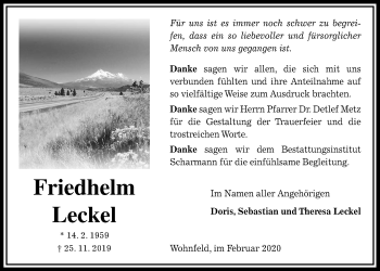 Traueranzeige von Friedhelm Leckel von Giessener Allgemeine, Alsfelder Allgemeine
