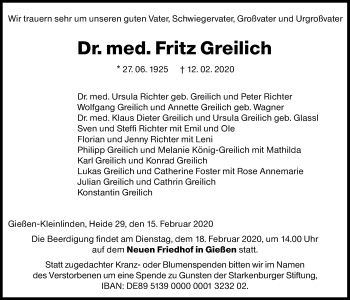 Traueranzeige von Fritz Greilich von Giessener Allgemeine, Alsfelder Allgemeine