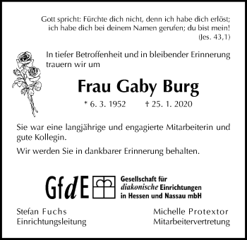 Traueranzeige von Gaby Burg von Wetterauer Zeitung