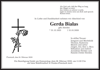 Traueranzeige von Gerda Bialas von Wetterauer Zeitung