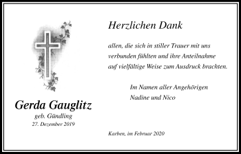 Traueranzeige von Gerda Gauglitz von Bad Vilbel/Karben