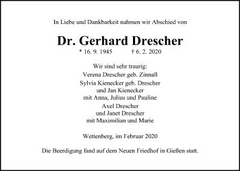 Traueranzeige von Gerhard Drescher von Giessener Allgemeine, Alsfelder Allgemeine