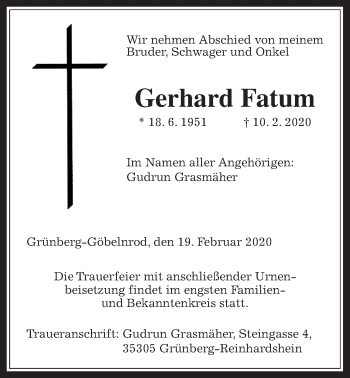 Traueranzeige von Gerhard Fatum von Giessener Allgemeine, Alsfelder Allgemeine