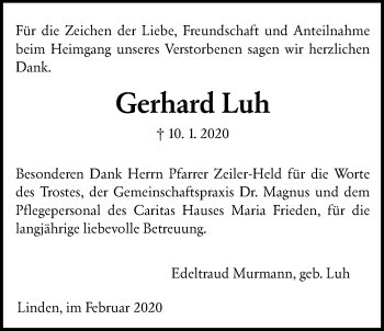Traueranzeige von Gerhard Luh von Giessener Allgemeine, Alsfelder Allgemeine