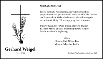 Traueranzeige von Gerhard Weigel von Pohlheimer Nachrichten