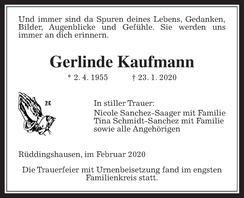  Traueranzeige für Gerlinde Kaufmann vom 13.02.2020 aus Rabenauer Zeitung