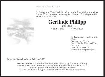 Traueranzeige von Gerlinde Philipp von Giessener Allgemeine, Alsfelder Allgemeine