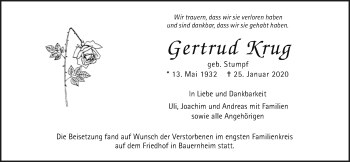 Traueranzeige von Gertrud Krug von Wetterauer Zeitung