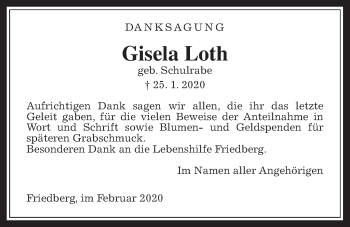 Traueranzeige von Gisela Loth von Wetterauer Zeitung