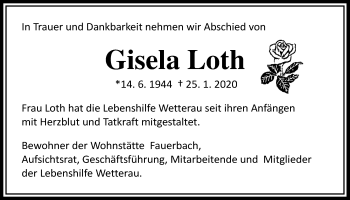 Traueranzeige von Gisela Loth von Wetterauer Zeitung