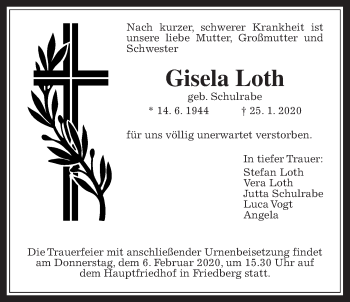 Traueranzeige von Gisela Loth von Wetterauer Zeitung