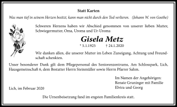 Traueranzeige von Gisela Metz von Licher Wochenblatt