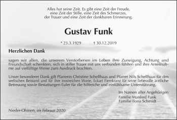 Traueranzeige von Gustav Funk von Giessener Allgemeine, Alsfelder Allgemeine