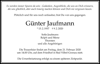 Traueranzeige von Günter Jaufmann von Bad Vilbel/Karben