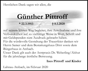 Traueranzeige von Günther Pittroff von Giessener Allgemeine, Alsfelder Allgemeine