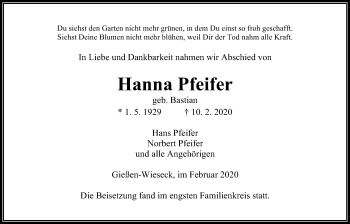 Traueranzeige von Hanna Pfeifer von Giessener Allgemeine, Alsfelder Allgemeine