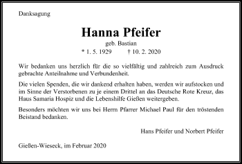Traueranzeige von Hanna Pfeifer von Giessener Allgemeine, Alsfelder Allgemeine