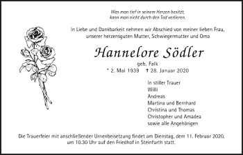 Traueranzeige von Hannelore Södler von Wetterauer Zeitung