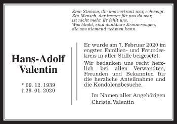Traueranzeige von Hans-Adolf Valentin von Giessener Allgemeine, Alsfelder Allgemeine