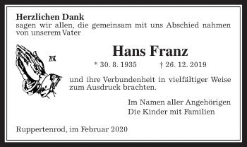 Traueranzeige von Hans Franz von Alsfelder Allgemeine