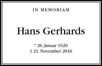 Traueranzeige von Hans Gerhards von Bad Vilbel/Karben