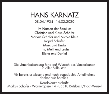 Traueranzeige von Hans Karnatz von Wetterauer Zeitung