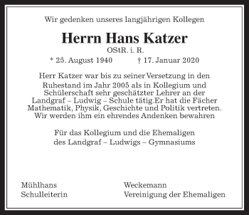 Traueranzeige von Hans Katzer von Giessener Allgemeine, Alsfelder Allgemeine