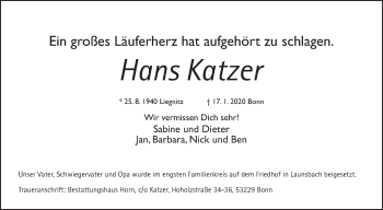 Traueranzeige von Hans Katzer von Giessener Allgemeine, Alsfelder Allgemeine