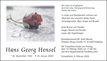 Traueranzeige von Hans Georg Hensel von Wetterauer Zeitung